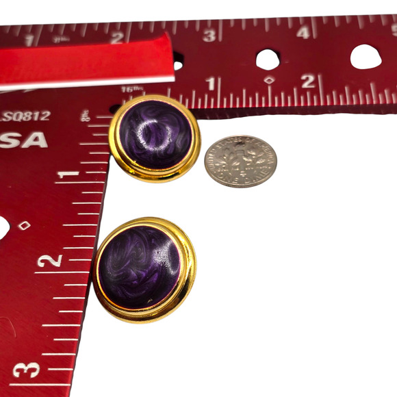 Earrings Purple Enamel Gold Tone Studs Round Domed Post Thin Metal SKU2394 - Picture 4 of 5